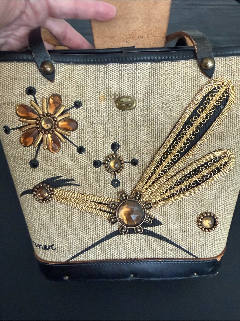 Vintage Enid Collins “Roadrunner” Beige and Black Embellished Tote Bag - Picture 6 of 14